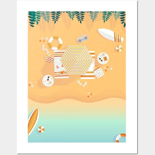 Beach, top view, summer accessories illustration Posters and Art